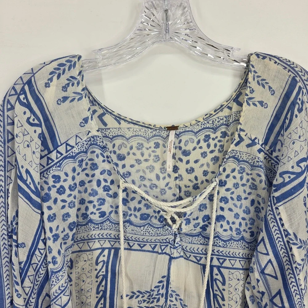 Free People Peasant Blouse L Blue White Lace Up Boho Festival Art-inspired Top